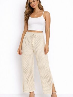 Women's Cream Crochet Wide-Leg Drawstring Pants